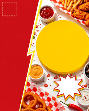 Fast Food Promotion Flyer Template with Fried Chicken Onion Rings and Sauce Mockup
