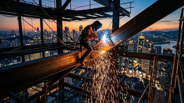 Industrial construction worker welding steel beam high above city at sunset.