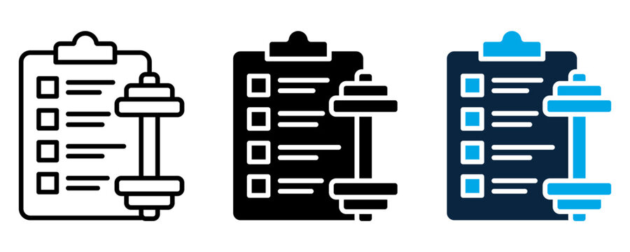Fitness workout checklist icon set with dumbbell and clipboard