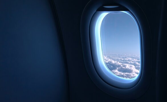 View through an airplane window shows fluffy clouds and a bright blue sky