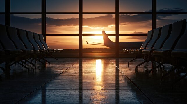 Empty airport waiting area with a plane at sunset through windows