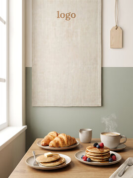 Breakfast Food Promotion Poster Template with Pancakes Croissants and Coffee Mockup
