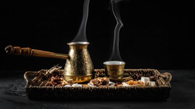 Traditional copper coffee pot on tray with steam.