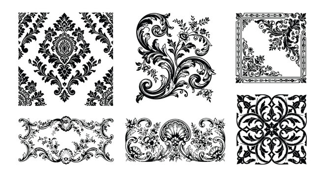 Floral ornament collection black vector illustrations on white background