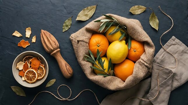Fresh oranges and citrus squeezer on dark rustic wood.