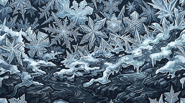 Detailed ice crystal texture with melting snow surface and intricate snowflake patterns.