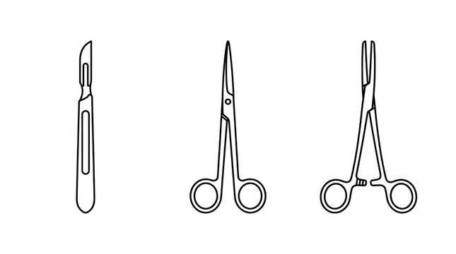 Collection of medical tools and surgical instruments depicted as line art.