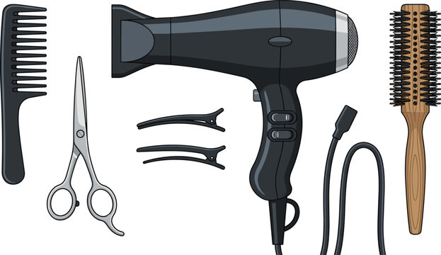 Vector hairdressing barber tools collection featuring black hair dryer sharp cutting shears styling round comb section hairpins and power cord on white