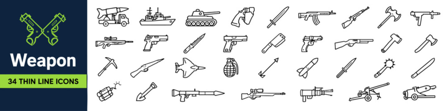 Weapon thin line icons set. Military equipment and combat gear vector symbols.
