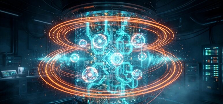Quantum core glows cyan entanglement orange superposition qubit spheres
