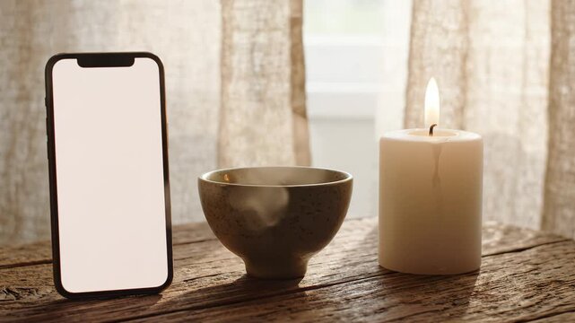 Candlelit still life with smartphone, ceramic bowl and soft natural light on rustic wooden table