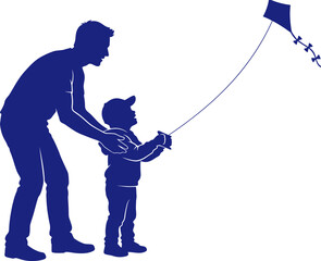 Naklejka premium Father and young son flying a kite together silhouette on white