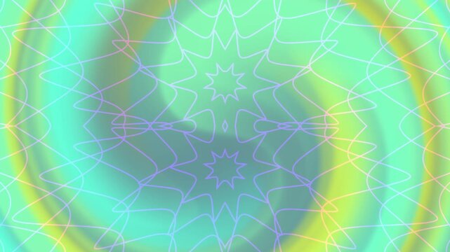 Abstract geometric swirl mandala overlay pattern in green and yellow with intricate star shape and thin lines. Suitable for backgrounds, prints, and textiles.