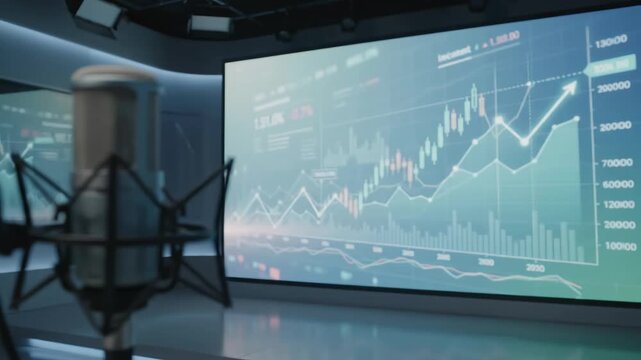 Professional broadcast studio with condenser microphone and dynamic financial data display on large screen