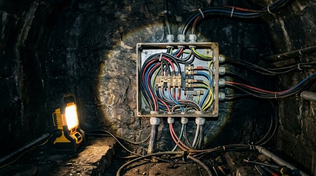 Industrial electrical junction box illuminated in a dark underground tunnel.
