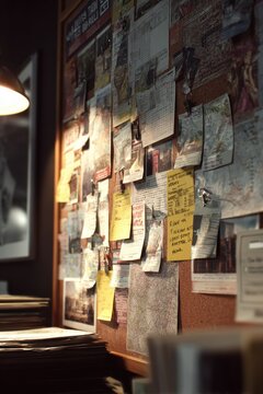 Scene in a newsroom bulletin board showing notes, press releases, and important information arranged for staff to review and discuss updates throughout the day