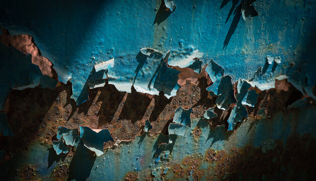 A weathered layer of azure paint peels away from a harsh iron surface revealing deep textures of oxidation and corrosion that tell a visual story about the passage of time on forgotten machinery