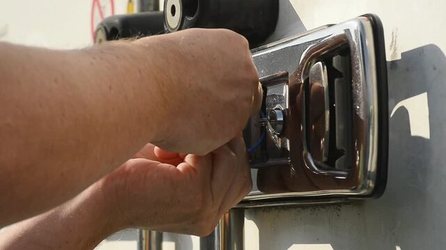 Worker hands installing plastic security seal on truck lock