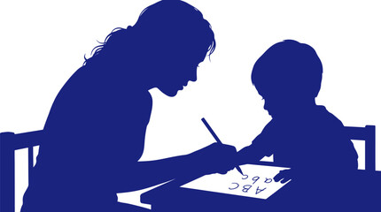 Silhouette of a mother teaching her child to write letters on paper sheet