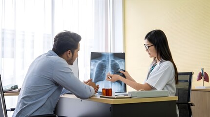 Obraz premium Female doctor explaining chest X-ray to patient during lung health consultation