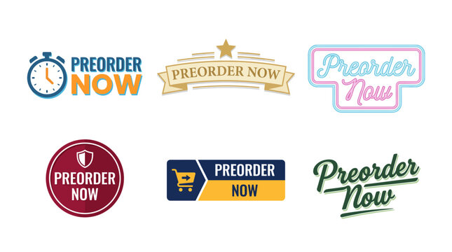 A dynamic set of six Preorder Now logos featuring different styles, appealing designs, ideal for e-commerce platforms, promotional materials, and product releases.