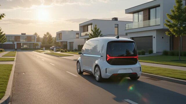 Futuristic autonomous electric vehicle driving through modern suburban neighborhood at sunrise
