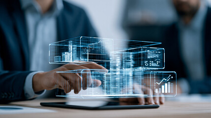 Fototapeta premium Visual of a digital blueprint with economic policy diagrams, government officials analyzing the plans, concept of structured economic development