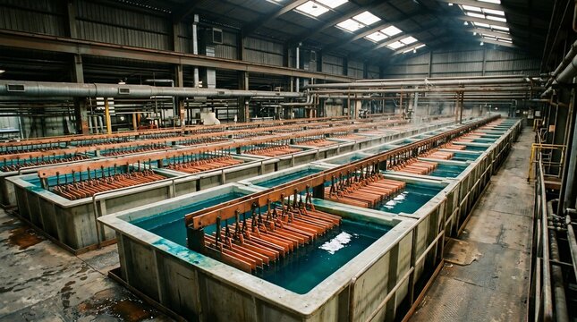 Industrial electrolytic copper refining tanks in a large metal processing plant.
