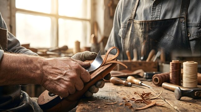 Skilled Cobbler's Hands Shaving and Trimming Leather for a Handmade Shoe in a Traditional Workshop