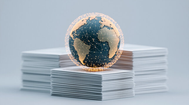 Abstract image of a digital globe surrounded by policy documents, concept of global economic governance