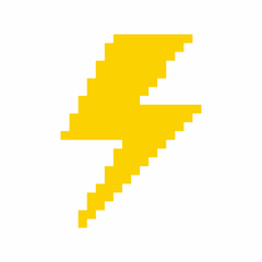 Fototapeta premium A vibrant yellow pixel art lightning bolt symbol on a clean white background, representing speed, power, and electricity.