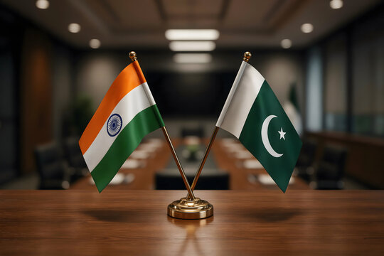 Small desk flags of india and pakistan positioned on a wooden table in a blurred office boardroom for international diplomatic discussions
