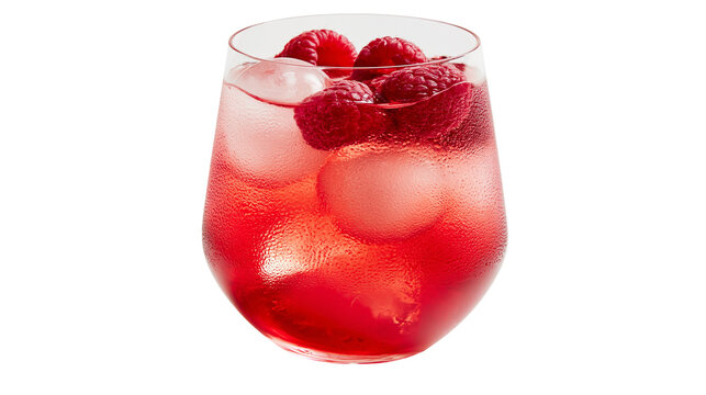 Clear glass filled with cold red raspberry drink and ice cubes, isolated on transparent background