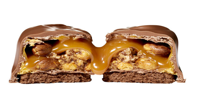 Chocolate candy bar with peanuts and caramel filling, isolated on transparent background