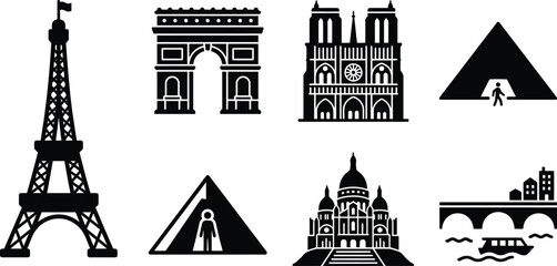 Fototapeta premium Paris landmark icons set, black silhouette vector of French monuments and architecture, 8 travel destination symbols for tourism design