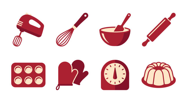 An engaging collection of red-themed baking tools including mixers, whisks, bowls, and timers, ideal for projects related to cooking, baking, and kitchen activities.