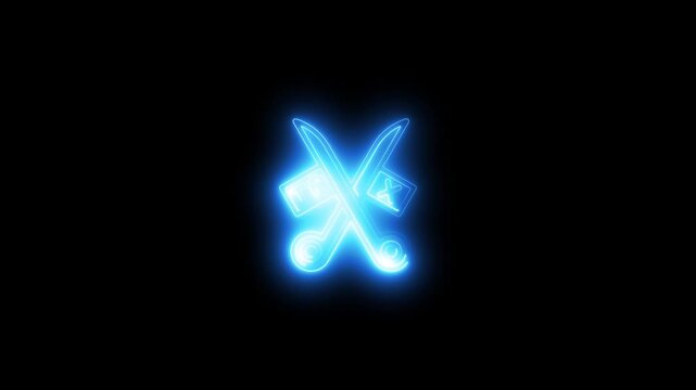 a glowing Neon blue crossed scissors glowing animation for hair salon branding 4k animation video on black background 