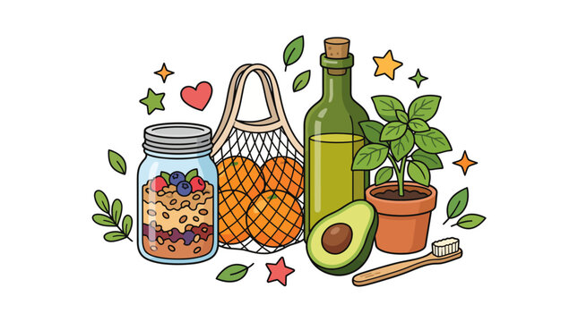 A vibrant assembly of eco-friendly lifestyle products, highlighting sustainable choices in daily life such as organic foods, biodegradable materials, and health-conscious habits.