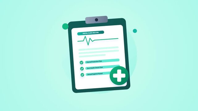Dental Clinic Record Clipboard Checklist with Green Cross Badge Flat Vector Motion Animation for Dentistry Concept