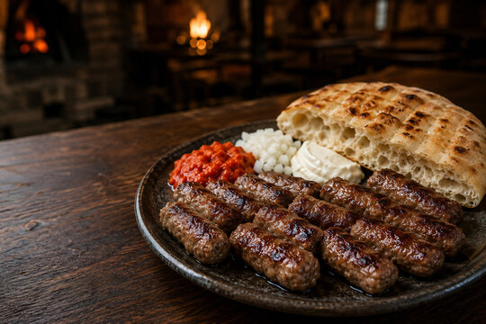Serbian Cevapi Grilled Meat Sausages with Flatbread and Ajvar