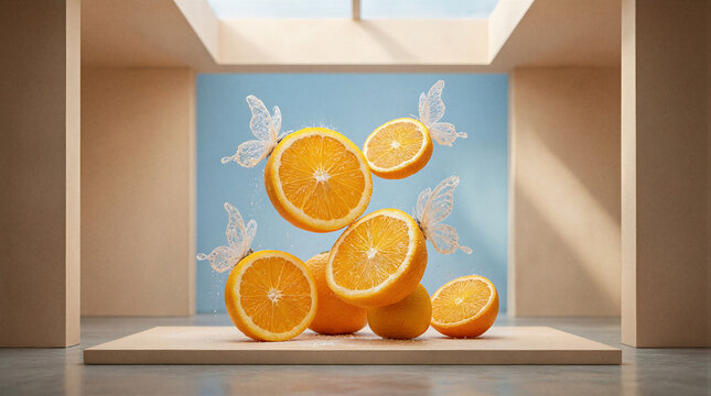 Levitating citrus slices with translucent spun sugar butterfly wings arranged in a bright modern minimalist studio setting