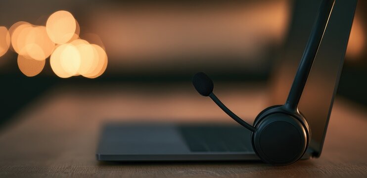 Close-up of a laptop with a headset on a wooden desk with bokeh lights in the background.