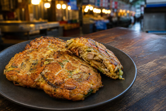 Korean Bindaetteok Mung Bean Pancakes with Pork and Kimchi