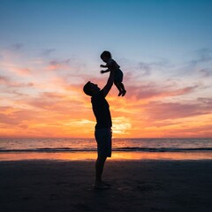 Fototapeta premium man holding child, father and son, silhouette at sunset, loving parent lifting, baby lifted high, dad child bond, sunset sky background, orange golden clouds, outdoor family love