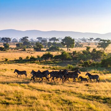 Herd of Zebras Grazing in the African Savannah at Sunrise.