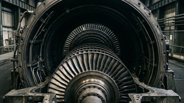 Industrial gas turbine engine assembly in a power plant factory.