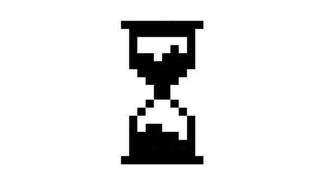 Pixelated black hourglass with sand falling, isolated on transparent background