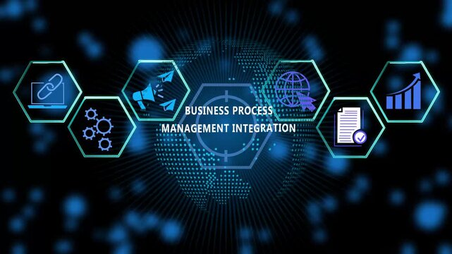Business process management integration concept featuring digital hexagonal infographic and global network connectivity data visualization for corporate strategy and modern enterprise workflow