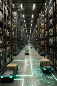 View inside a large automated warehouse showing robots and workers moving boxes on a busy floor during the day with shelves arranged in rows