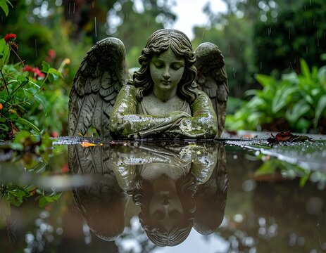 Stone Angel Statue Reflection in Water Garden.